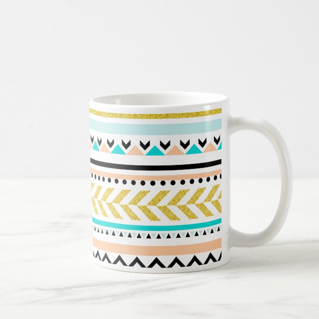 Imitate Glitzer Gold, Türkis, Coral Aztec Muster Kaffeetasse (Rechts)