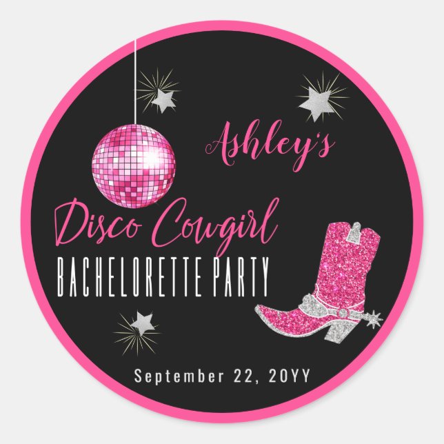 Imitate Glitzer Pink Disco Cowgirl Bachelorette Runder Aufkleber (Vorderseite)