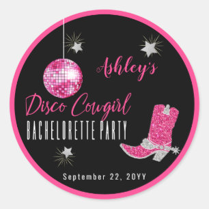 Imitate Glitzer Pink Disco Cowgirl Bachelorette Runder Aufkleber