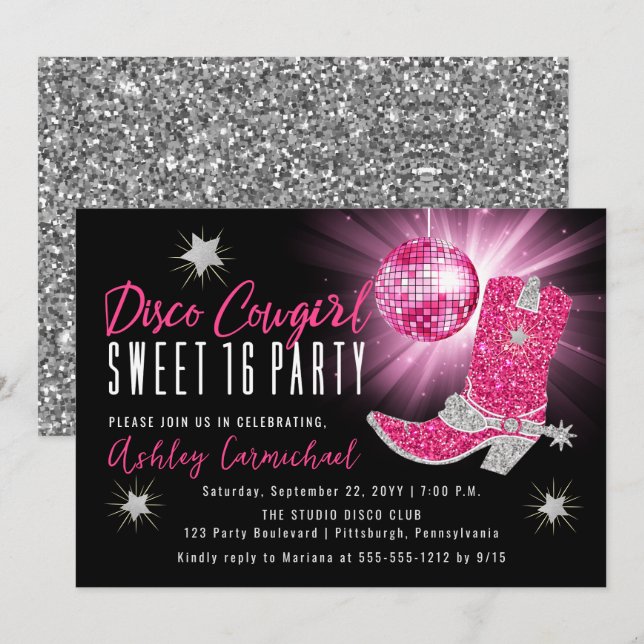 Imitate Glitzer Pink Disco Cowgirl Sweet 16 Party Einladung (Vorne/Hinten)