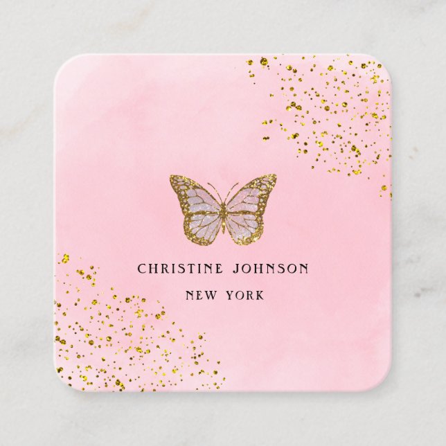 Imitate Glitzer Schmetterling auf rosa Aquarell Quadratische Visitenkarte (Vorderseite)