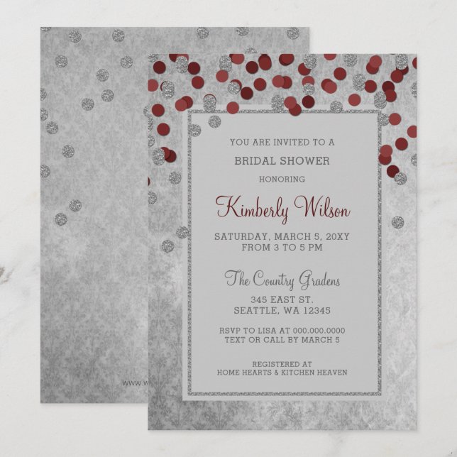 IMITATE Glitzer Silver Red Confetti Brautparty Einladung (Vorne/Hinten)
