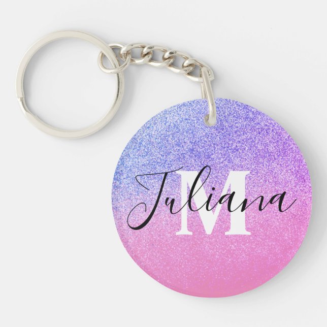 Imitate Glitzer Zwei Töne Rosa Mit Monogramm Schlüsselanhänger (Vorderseite)