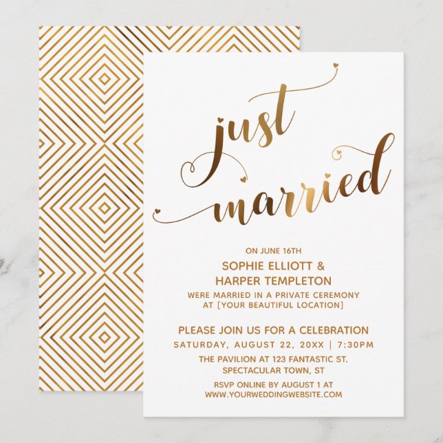 Imitate Gold auf White Just Married Post Wedding E Einladung (Vorne/Hinten)