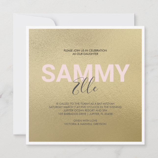 Imitate Gold Bat Mitzvah xoxo Einladung (Vorderseite)