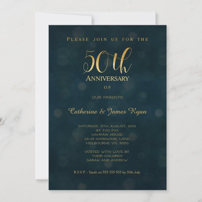 Imitate Gold Blue Einladung zum 50. Hochzeitstag (Vorderseite)
