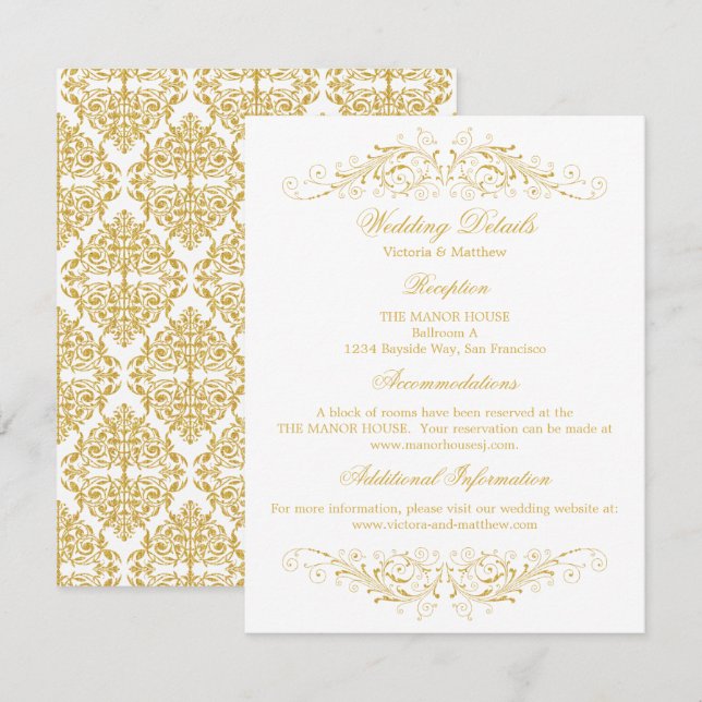 Imitate Gold Blüh Damask Hochzeitsdetails Einladung (Vorne/Hinten)