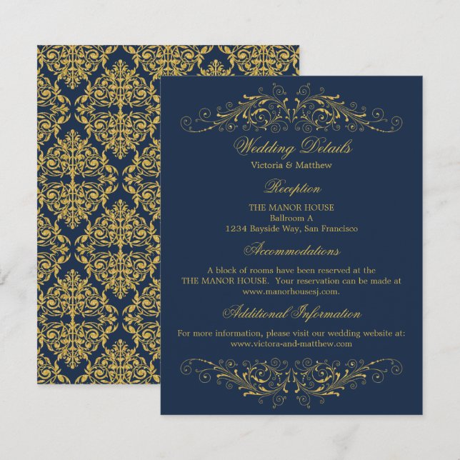 Imitate Gold Blüh Damask Hochzeitsdetails Einladung (Vorne/Hinten)