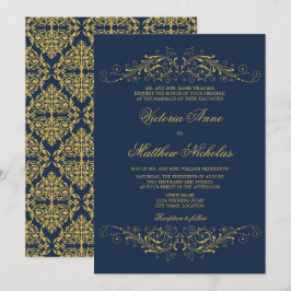 Imitate Gold Blühte Damask Navy Blue Einladung