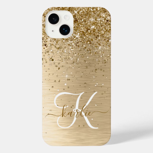 Imitate Gold Brushed Metal Glitzer Monogram Name iPhone 14 Plus Hülle (Rückseite)