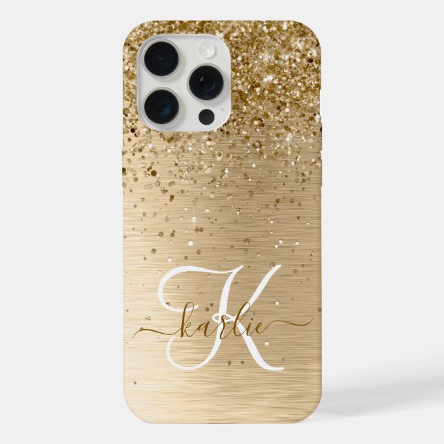 Imitate Gold Brushed Metal Glitzer Monogram Name iPhone 15 Pro Max Hülle (Rückseite)