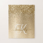 Imitate Gold Brushmetall Glitzer Print Monogram Na<br><div class="desc">Dieses schicke Puzzle-Design mit hübschem goldglänzenden Glitzer auf goldgebürstetem metallischem Hintergrund ist einfach zu personalisieren.</div>