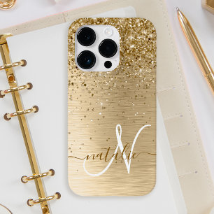 Imitate Gold Brushmetall Glitzer Print Monogram Na iPhone 14 Pro Hülle
