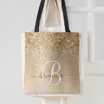 Imitate Gold Brushmetall Glitzer Print Monogram Na Tasche<br><div class="desc">Dieses trendige,  schicke Tote-Taschendesign mit hübschem vergoldeten Glitzer auf goldgebürstetem metallischem Hintergrund ist einfach zu personalisieren.</div>