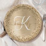 Imitate Gold Brushmetall Glitzer Print Monogram Pappteller<br><div class="desc">Dieses schicke Design mit hübschem goldglänzenden Glitzer auf goldgebürstetem metallischem Hintergrund ist einfach zu personalisieren.</div>