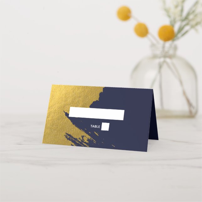 Imitate Gold Brushstrokes & Navy Blue Wedding Platzkarte (Vorderseite)