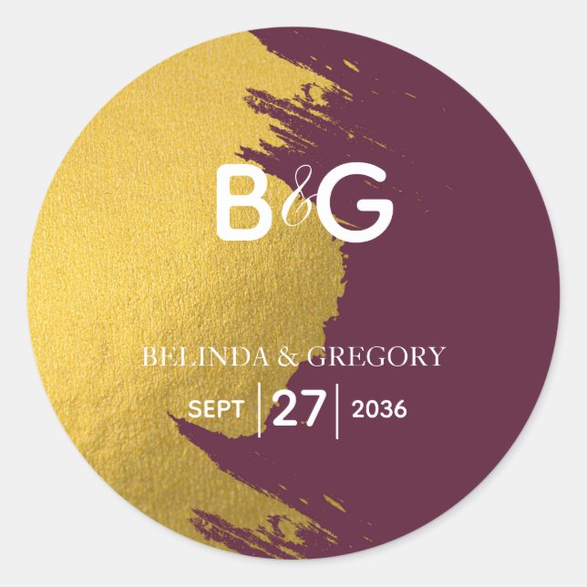 Imitate Gold Burgund, Monogram Wedding Runder Aufkleber (Vorderseite)