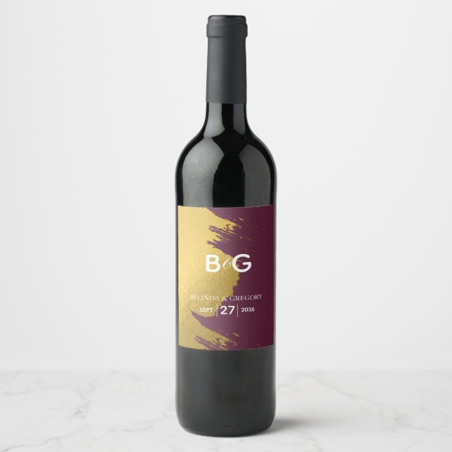 Imitate Gold Burgund, Monogram Wedding Weinetikett (Vorderseite)