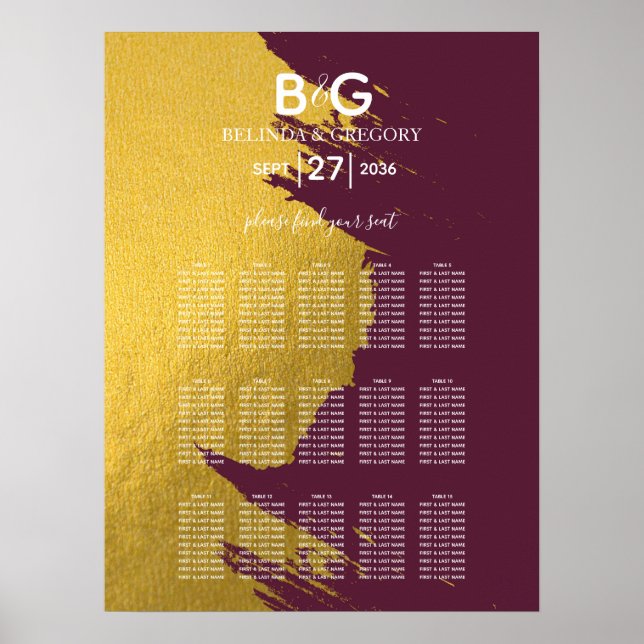 Imitate Gold Burgundy, Mongram Seating Chart Poster (Vorne)