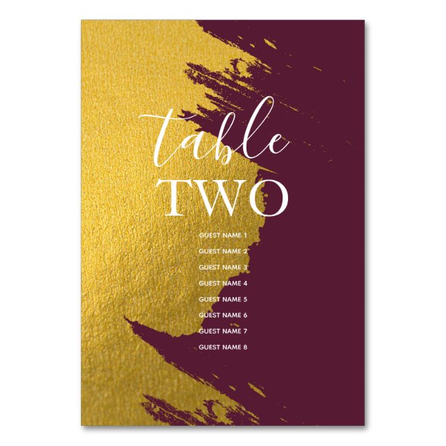 Imitate Gold Burgundy, Monogram Wedding Guest Name Tischnummer (Vorderseite)