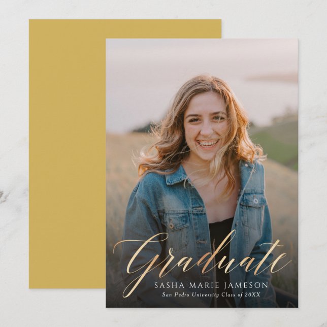 Imitate Gold Calligraphy Graduate Foto Einladung (Vorne/Hinten)