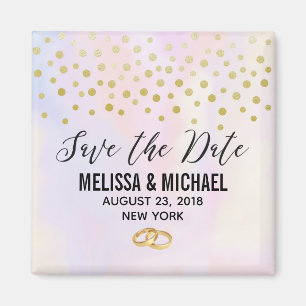 Imitate Gold Confetti auf Lila Hochzeit Magnet
