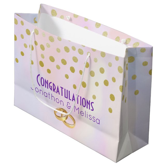 Imitate Gold Confetti auf Lila Wasserfarbenhochzei Große Geschenktüte (Vorderseite Schrägansicht)