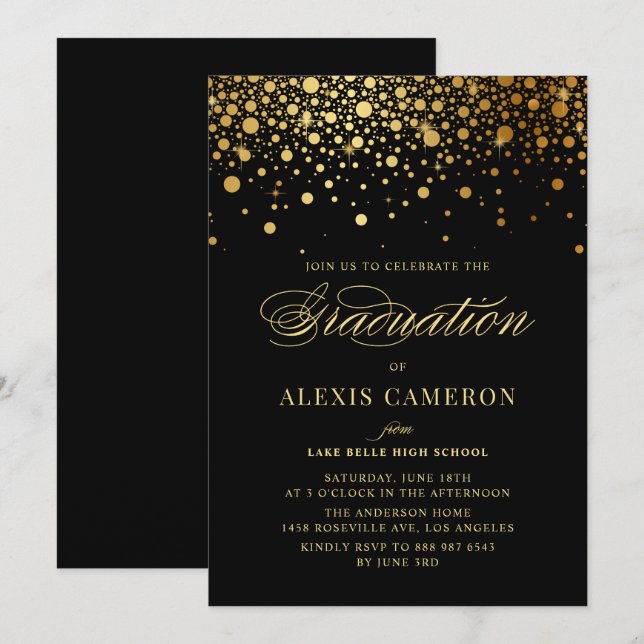 Imitate Gold Confetti Dots Black Abschluss Einladung (Vorne/Hinten)