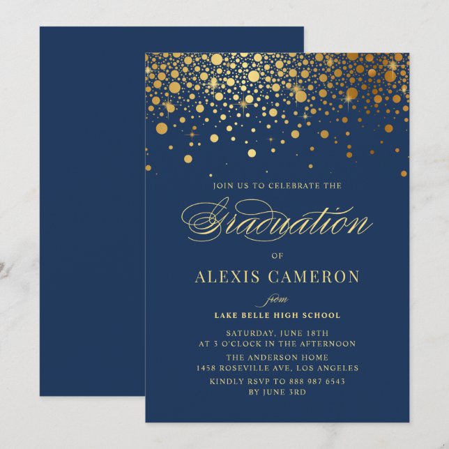 Imitate Gold Confetti Dots Navy Blue Abschluss Einladung (Vorne/Hinten)