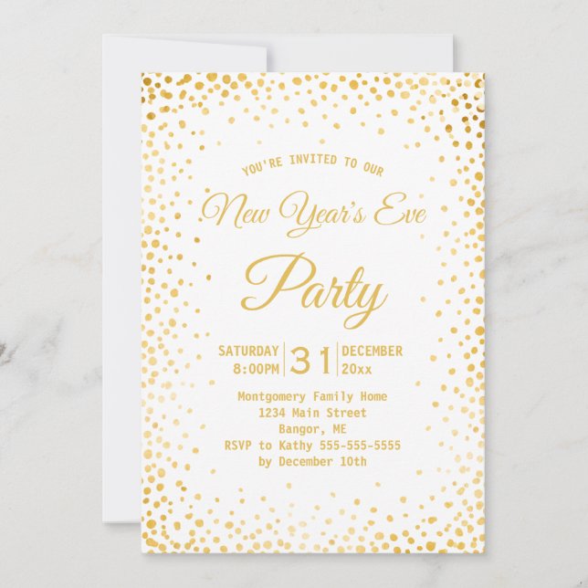 Imitate Gold Confetti Silvester Party Weiß Einladung (Vorderseite)
