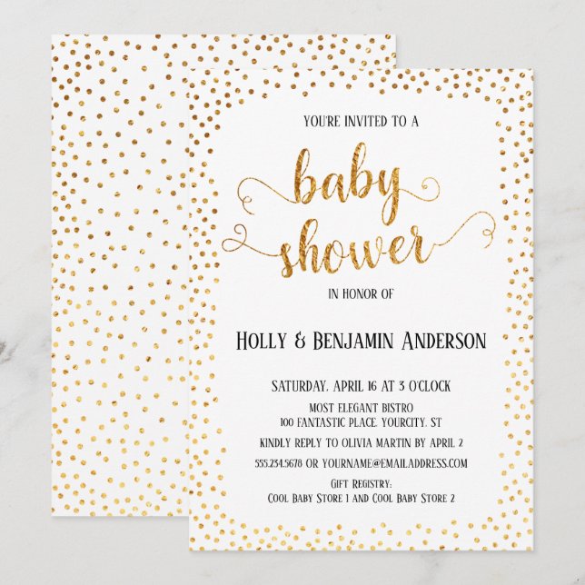 Imitate Gold Confetti Typografie Baby Shower Einladung (Vorne/Hinten)
