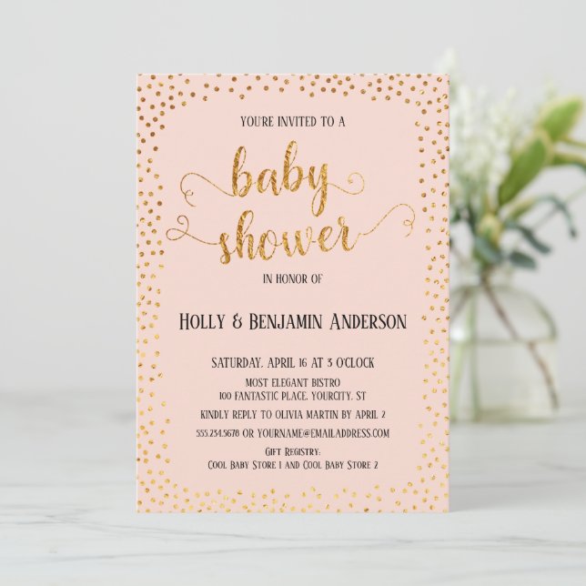 Imitate Gold Confetti Typografie Blush Baby Dusche Einladung (Stehend Vorderseite)