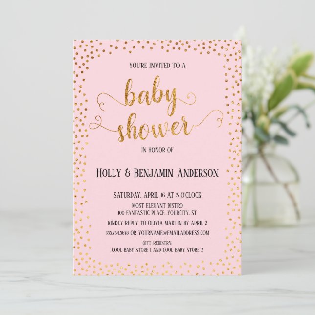 Imitate Gold Confetti Typografie Pink Baby Dusche Einladung (Stehend Vorderseite)