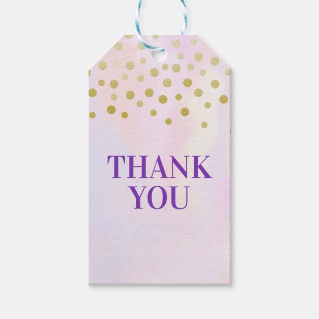 Imitate Gold Confetti über Lila Wasserfarbe Vielen Geschenkanhänger (Vorderseite)