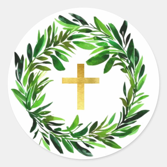 Imitate Gold Cross in Greenery Wreath Green Religi Runder Aufkleber (Vorderseite)