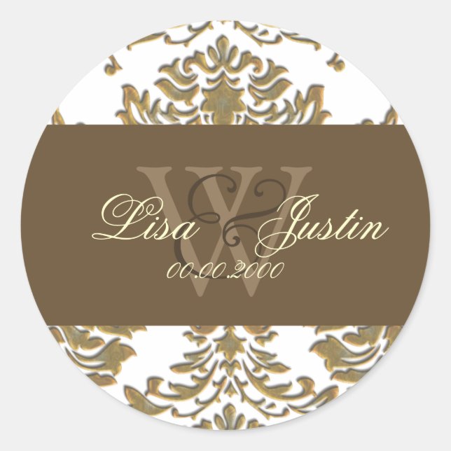 Imitate Gold Damask Monogramm Hochzeitsaufkleber Runder Aufkleber (Vorderseite)