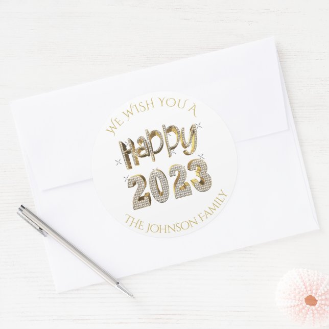 Imitate Gold Diamonds Lettering Neues Jahr 2023 Runder Aufkleber (Umschlag)