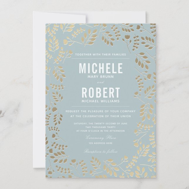 Imitate Gold Dusty Blue Botanical Wedding Einladun Einladung (Vorderseite)