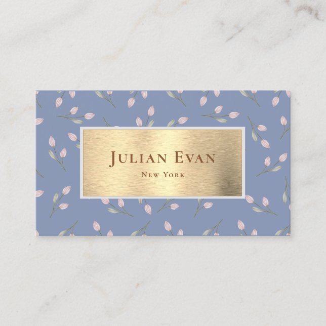 Imitate Gold Dusty Blue Floral Business Card Visitenkarte (Vorderseite)