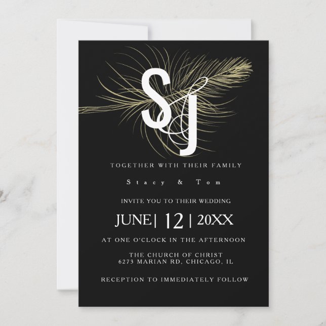 Imitate Gold Feather Botanical Black Wedding Suite Einladung (Vorderseite)