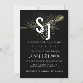 Imitate Gold Feather Botanical Black Wedding Suite Einladung