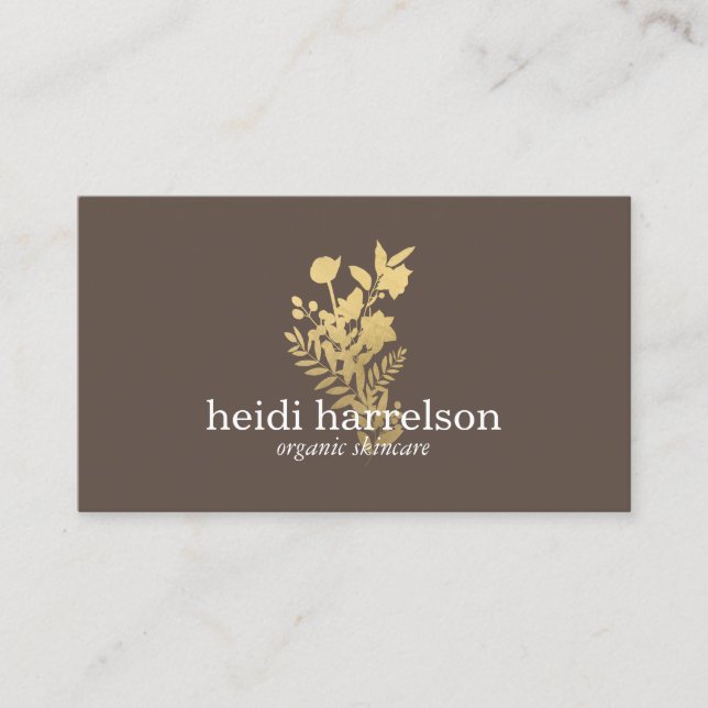 Imitate Gold Floral Logo auf Dunkelbraun Visitenkarte (Vorderseite)