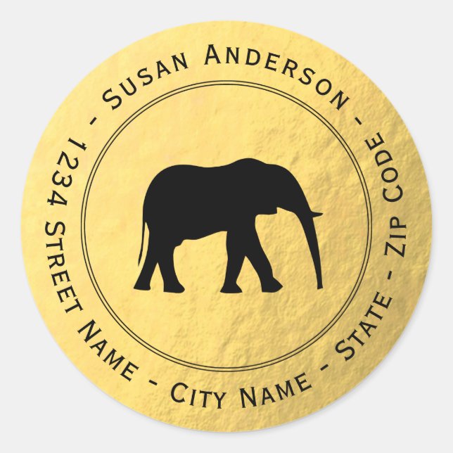 Imitate Gold Foil Black Elephant Rücksendeadresse  Runder Aufkleber (Vorderseite)
