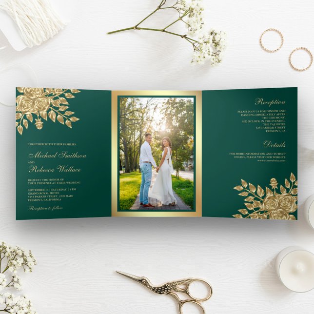 Imitate Gold Foil Blätter Aquamarine Grüne Hochzei Dreifach Gefaltete Einladung (Von Creator hochgeladen)