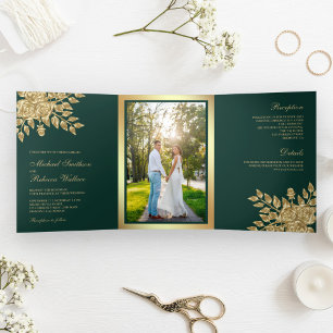 Imitate Gold Foil Blätter Blumengrün Hochzeit Dreifach Gefaltete Einladung