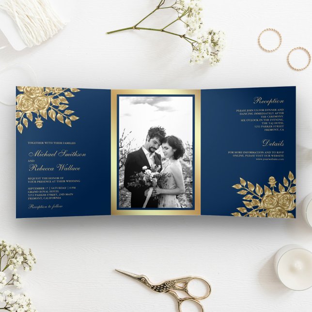 Imitate Gold Foil Blätter Blumennagel Blaue Hochze Dreifach Gefaltete Einladung (Von Creator hochgeladen)