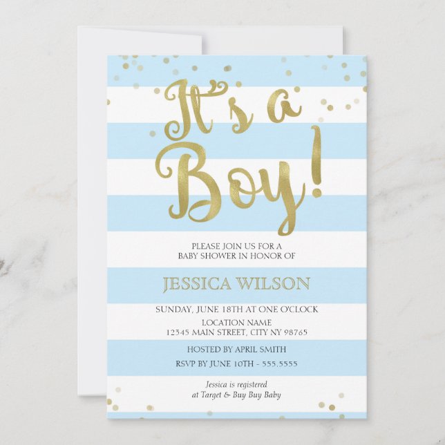 Imitate Gold Foil, Blue Stripes Baby Dusche Ihr Ju Einladung (Vorderseite)