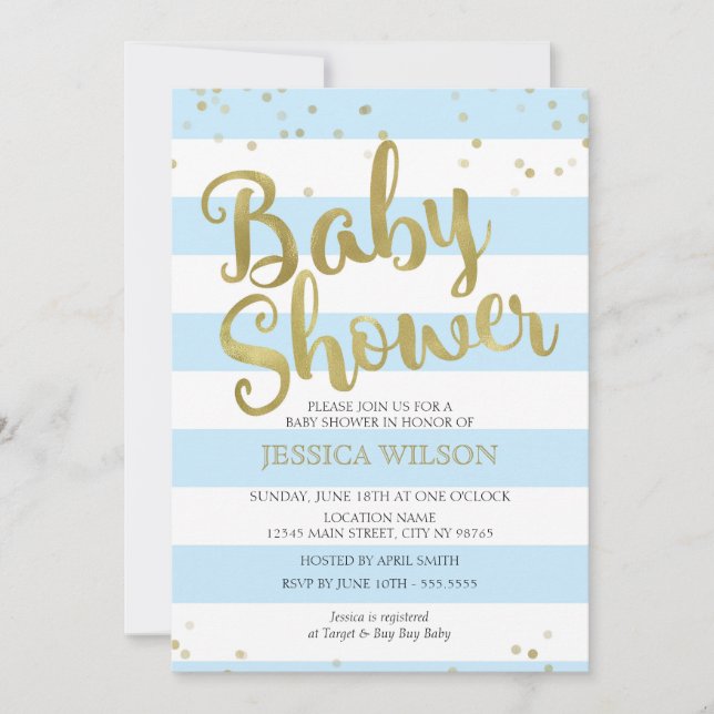 Imitate Gold Foil, Blue Stripes Babydusche Junge Einladung (Vorderseite)