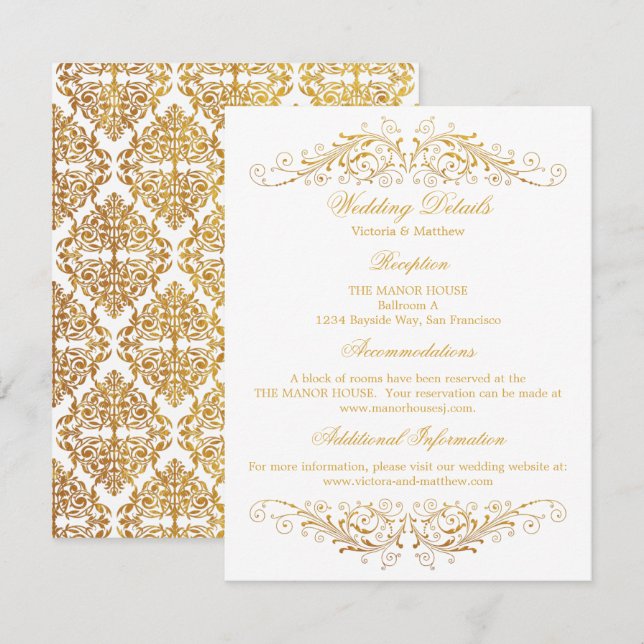 Imitate Gold Foil Blüh Damask Hochzeitsdetails Einladung (Vorne/Hinten)