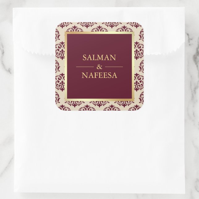 Imitate Gold Foil Burgundy Damask Hochzeit Quadratischer Aufkleber (Tasche)